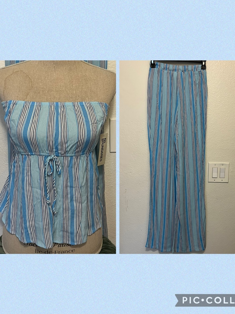 No Boundaries Blue & White Striped Strapless Wide-Leg Jumpsuit